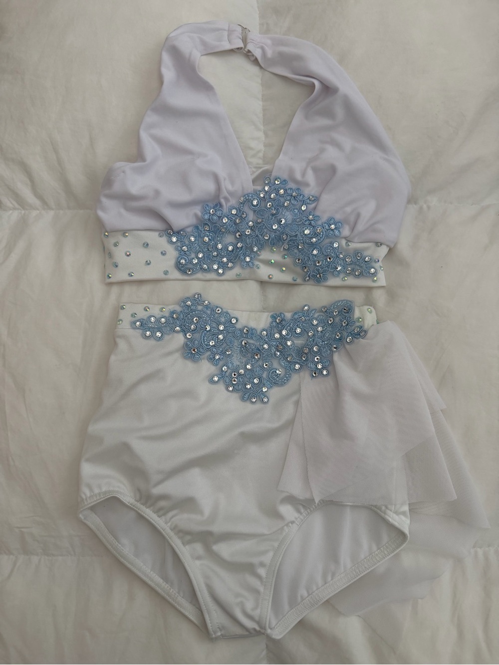 Girl’s White Halter Dance Costume with Blue Embellishments